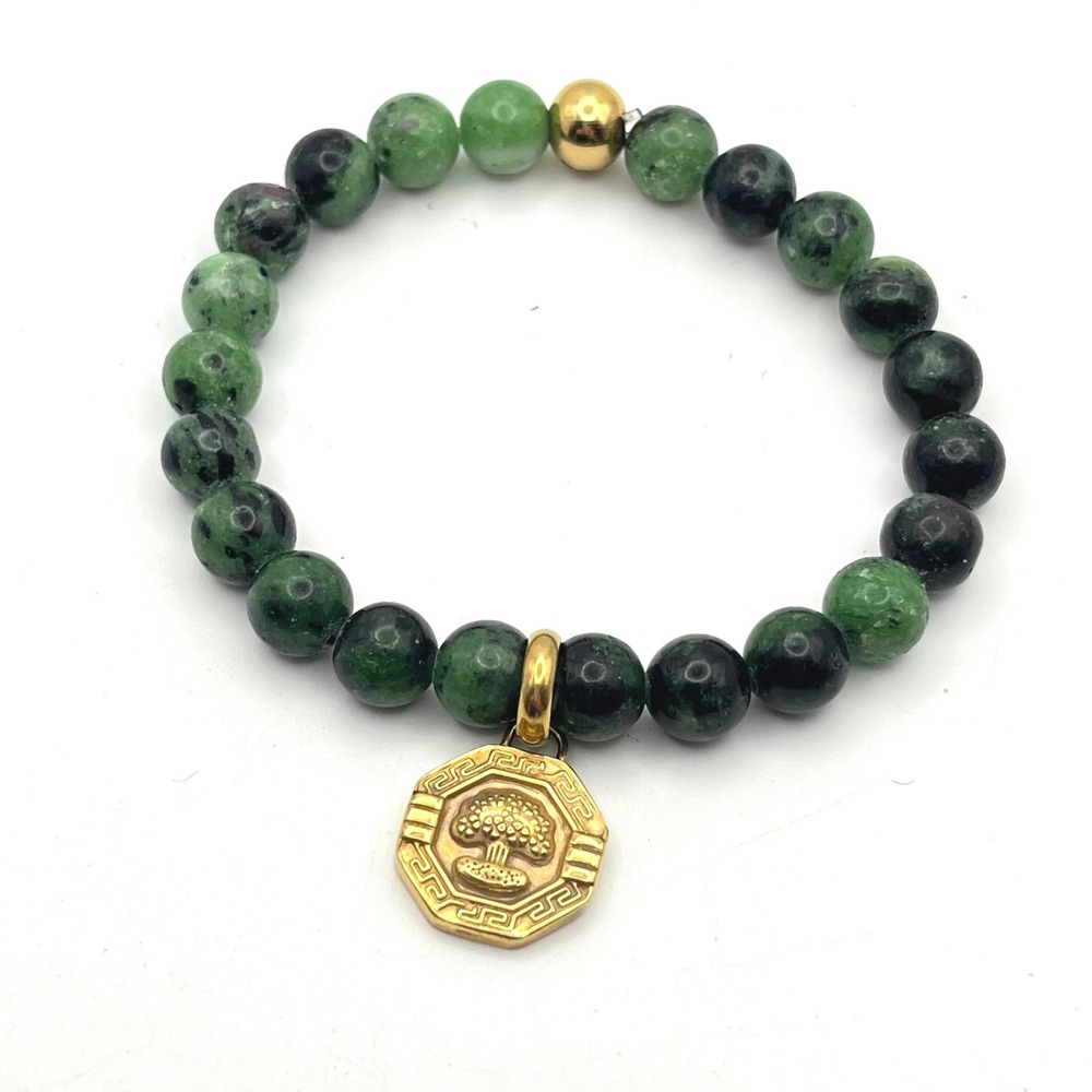 Green Ruby Zoisite Beaded Stretch Bracelet Gold Tree of Life Speak Write Charm